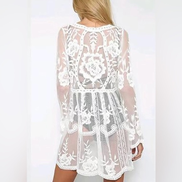 NWT Boutique White Crochet Lace Swimsuit Cover Up Sheer Beach Tunic Dress - Picture 17 of 17